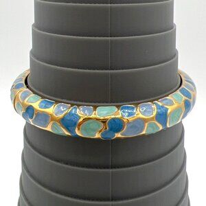 Joan Rivers Hinged Bangle Bracelet Blues Enamel Mosaic Size 7.5 Inches